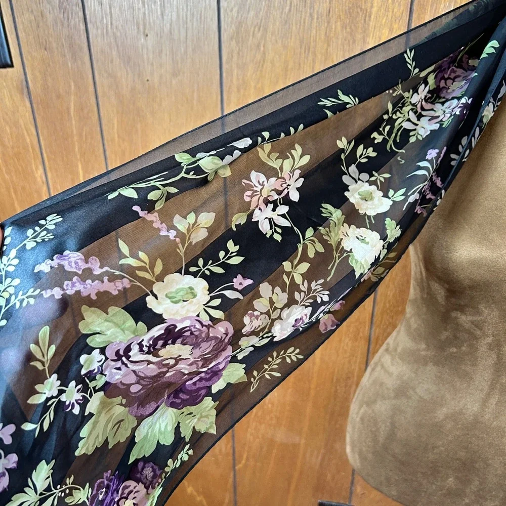 Adrienne Vittadini 100%‎ Silk Black Floral Print Sheer Scarf Shawl Accessory